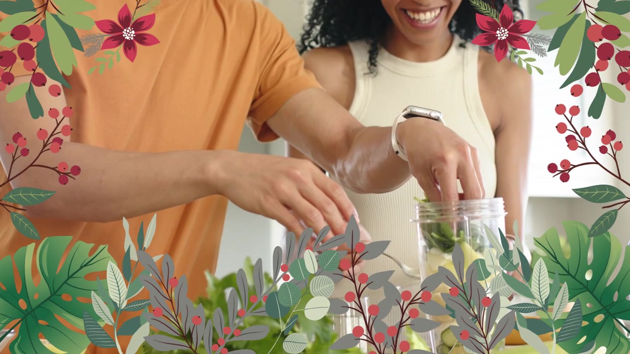 Homem estendendo a mão, mulher adicionando verduras, banana e pepino no liquidificador para a saúde, com sobreposição floral.