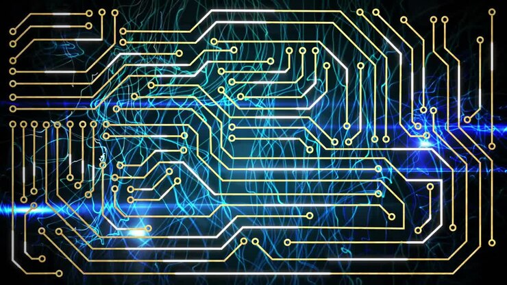Animazione digitale di connessioni di microprocessori su onde digitali blu su sfondo nero