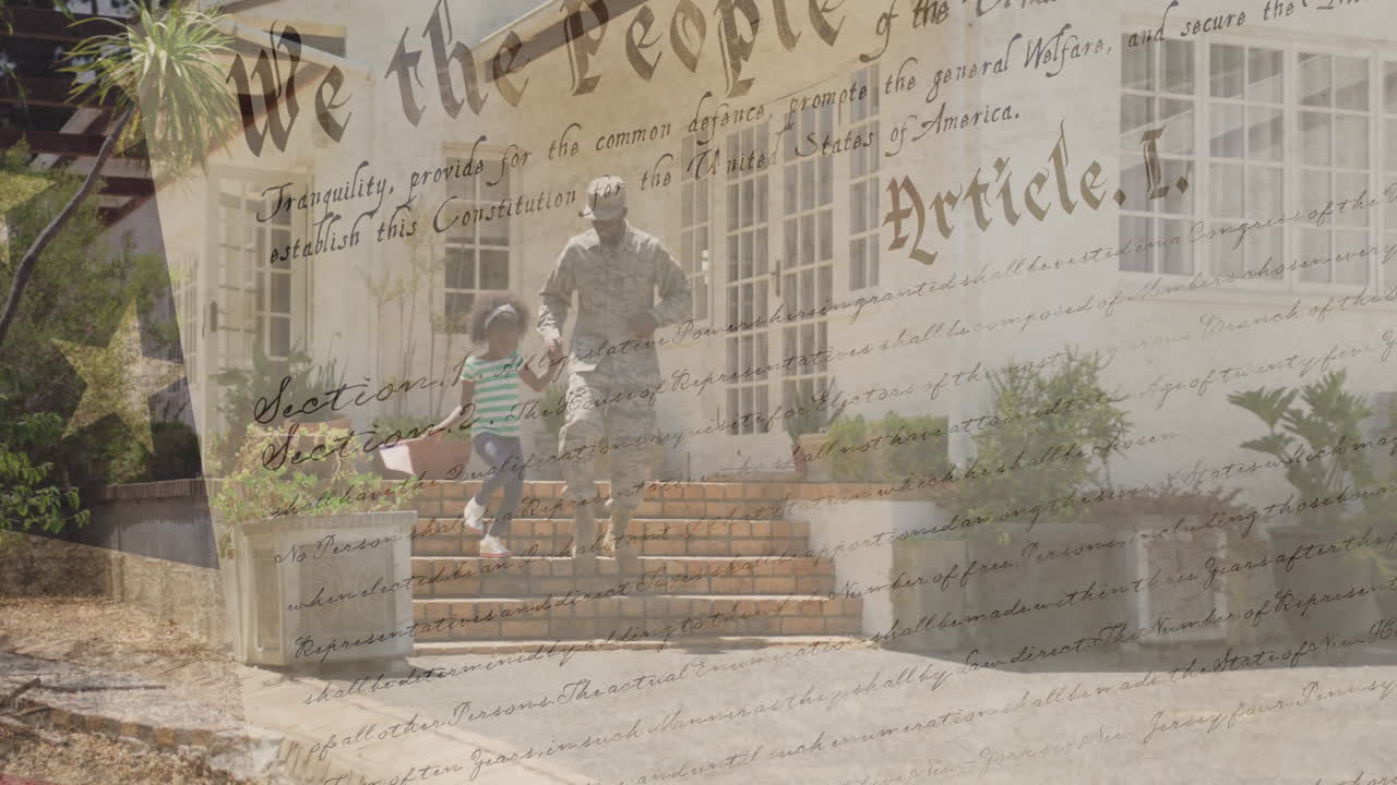 딸과 함께 아프리카계 미국인 남성 군인 위에 있는 미국 발의 애니메이션