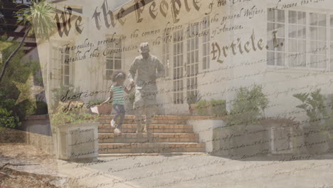 animation of american flag over african american male soldier with daughter