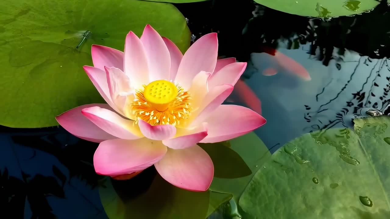 Draufsicht-Video eines leuchtenden Lotus in einem Teich, umgeben von Koikarpfen und grünen Blättern