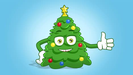 árbol de navidad de dibujos animados pulgar hacia arriba como con la animación de la cara alfa mate