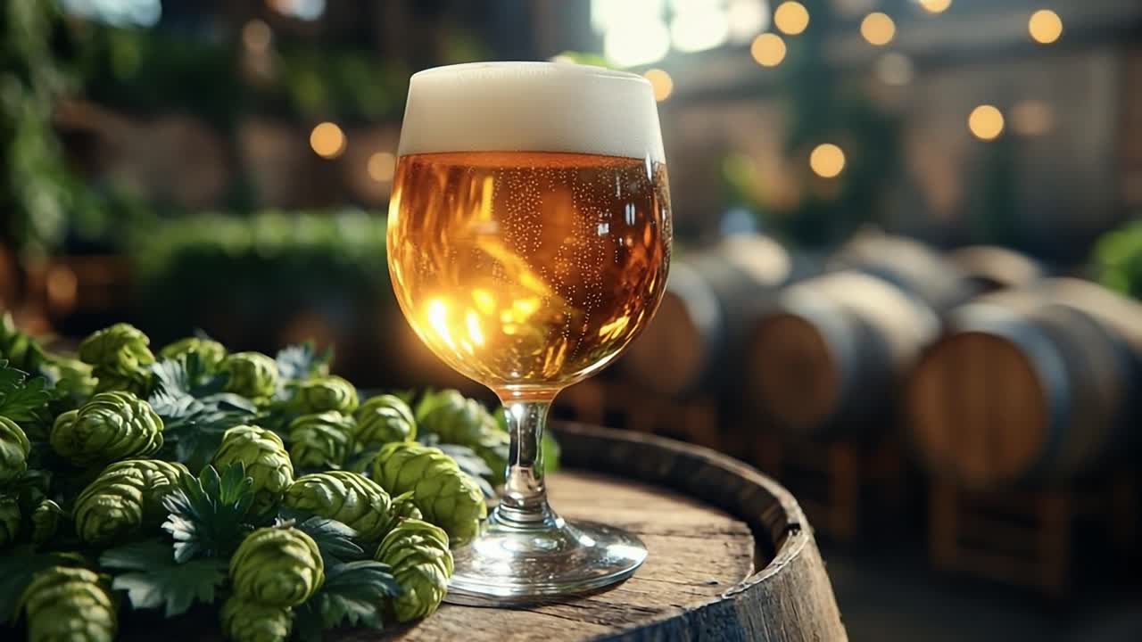 Brewery's fresh craft beer. A glass of golden craft beer sits on a wooden barrel, surrounded by fresh hops and rustic brewery decor.