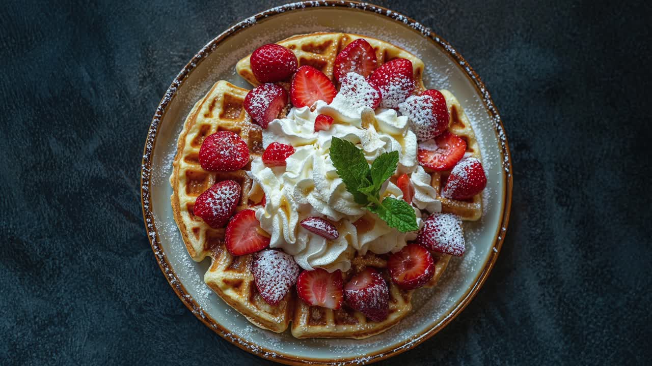 Close-up of a waffle with whipped cream, strawberries, and powdered sugar