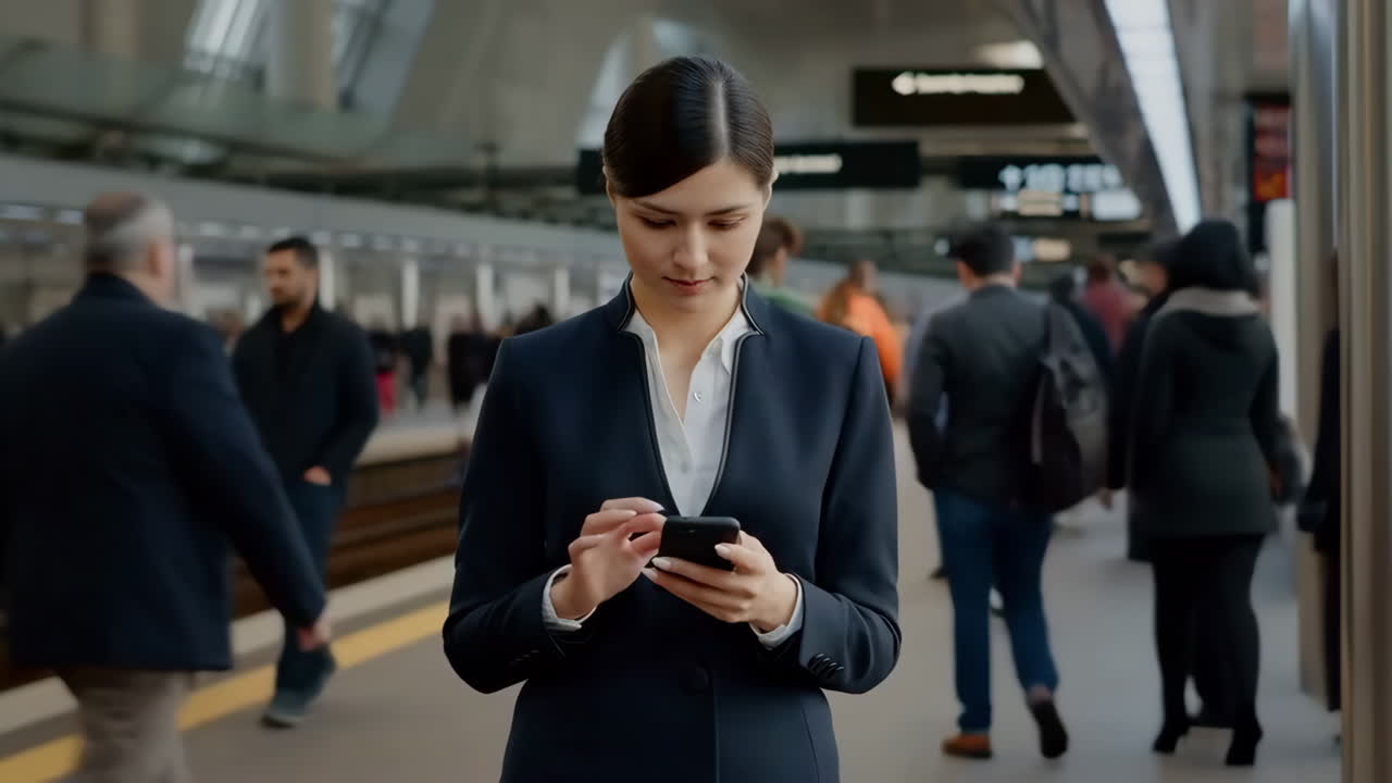 Donna che usa lo smartphone in una stazione della metropolitana affollata