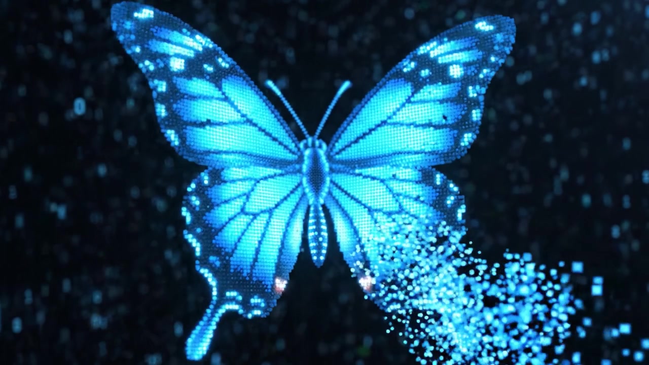 A Stunning Visual Journey of a Glowing Blue Butterfly Dispersing into a Field of Sparkling Particles in a Dark Atmosphere, Capturing Beauty and Transformation