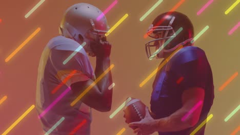 animation of neon lines over american football players on neon background