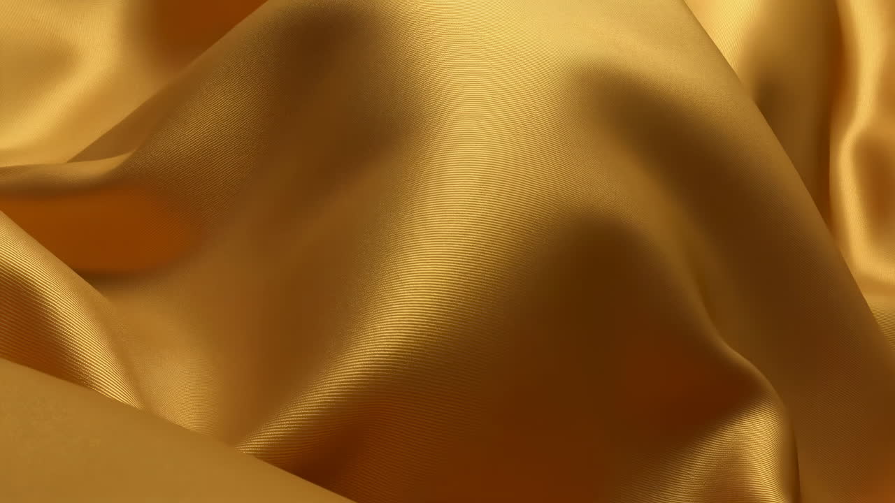 Gold Satin Fabric Draped In Soft Folds, Luxurious Sheen Catching Warm Light, Closeup Of Smooth Textile Surface