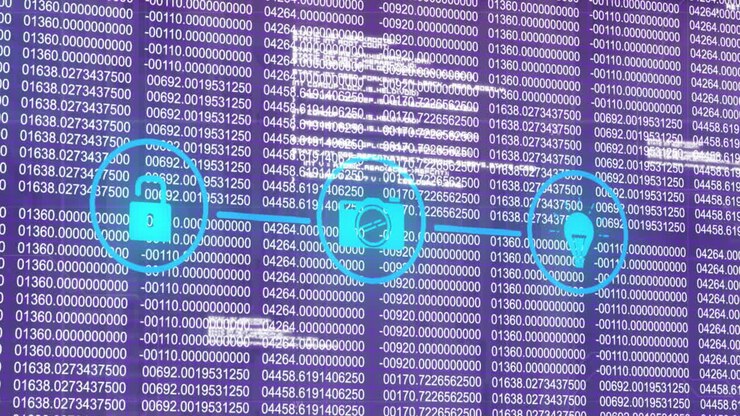 Animation of media icons and binary coding over data processing
