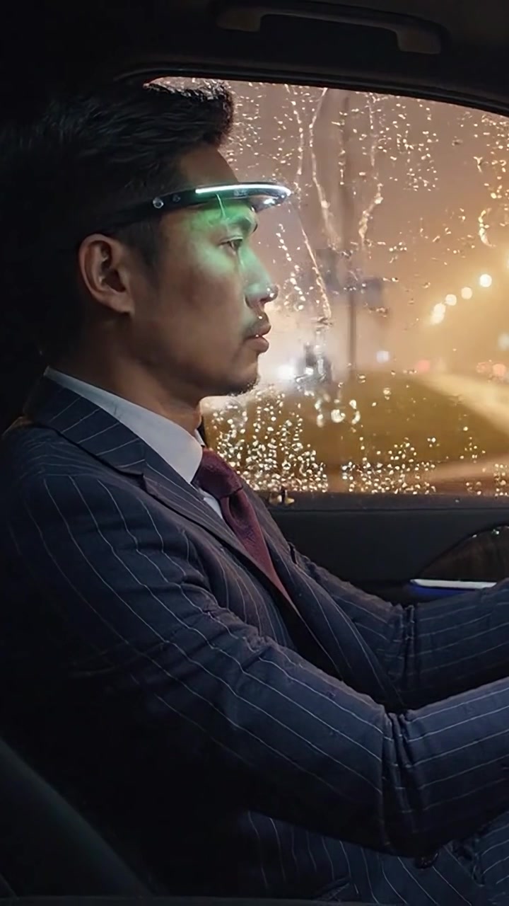 Uomo alla guida con tempo piovoso che indossa una visiera futuristica e un abito formale, catturando un momento di concentrazione focalizzata mentre naviga per le strade della città.