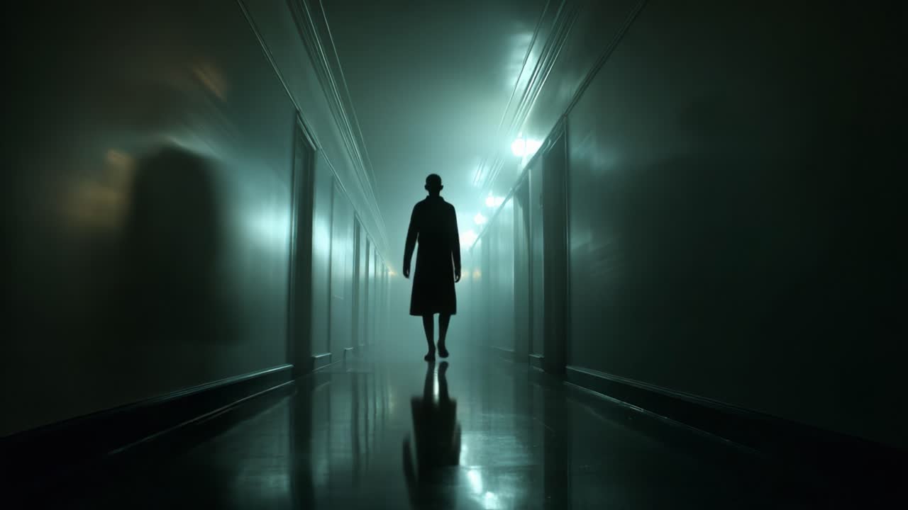 A Mysterious Figure Emerges from the Shadows in a Dimly Lit Hallway, Creating an Unnerving Atmosphere of Suspense and Intrigue