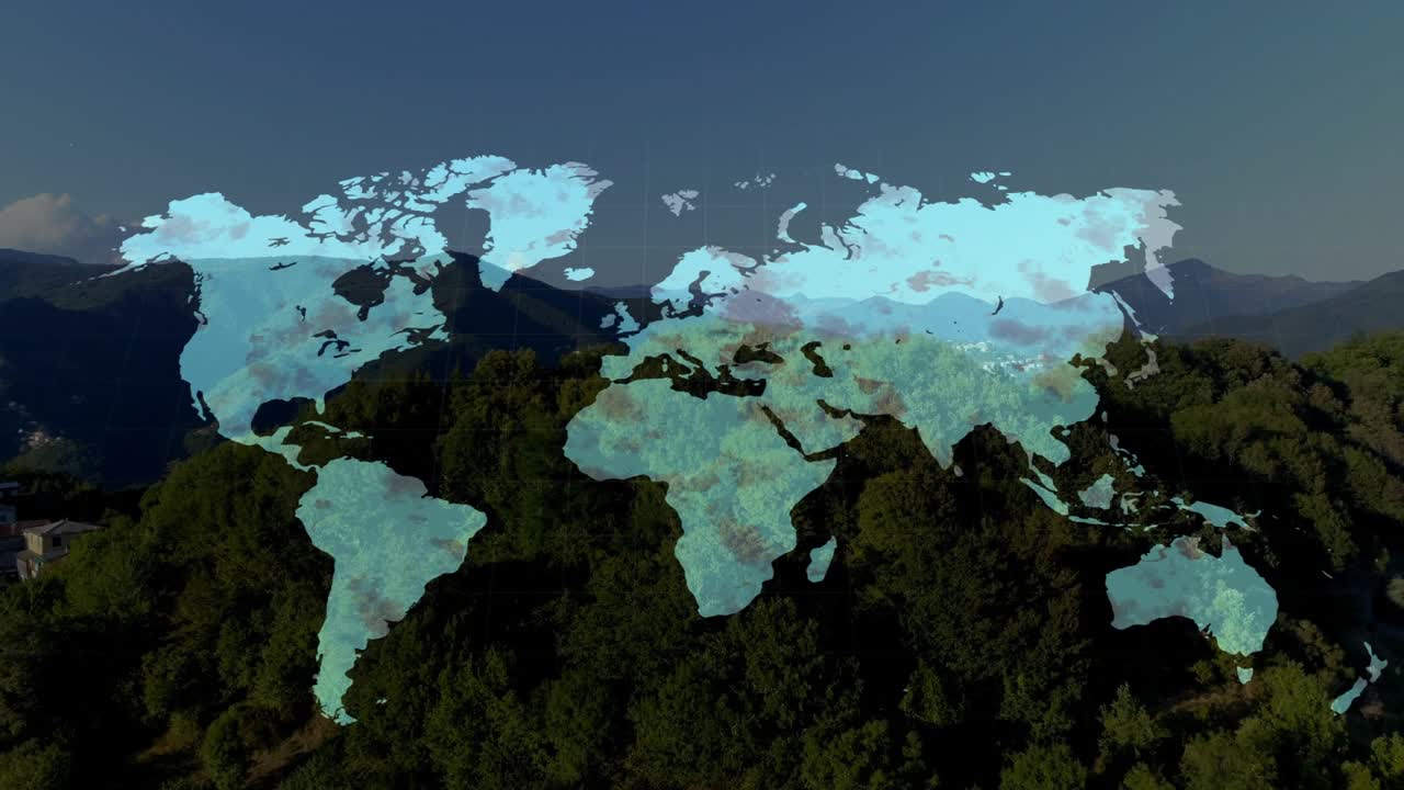 Sovrapposizione che appare all'inizio, mappa del mondo che cresce, riempiendosi di una texture turchese per mostrare la copertura globale.