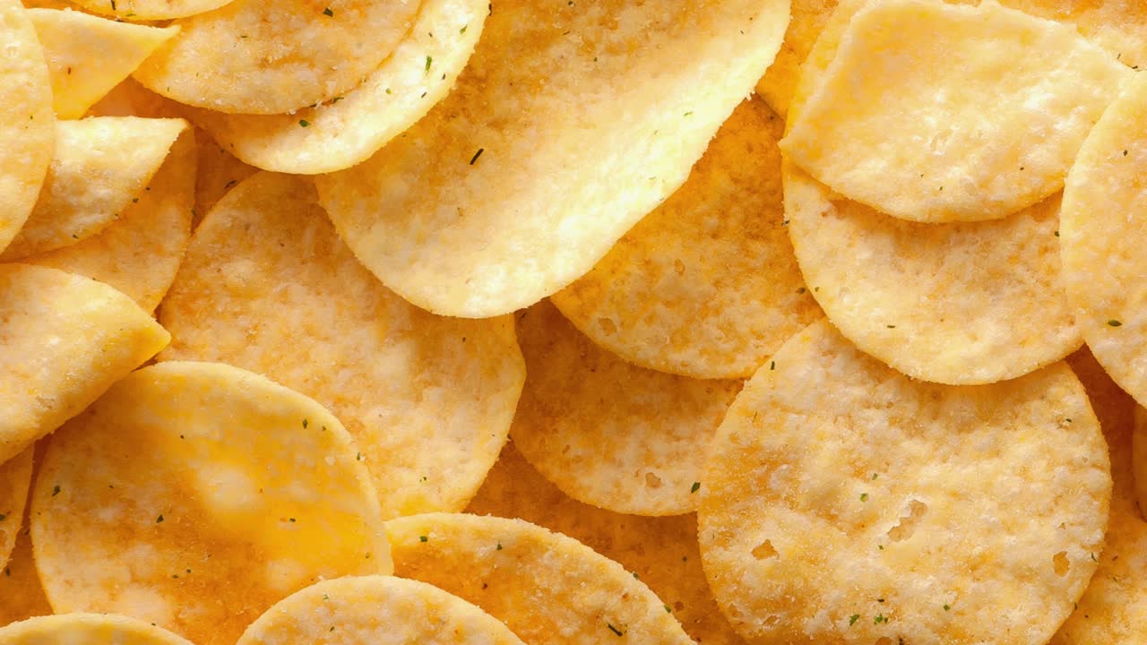 Background and texture of a heap of rotating potato chips.