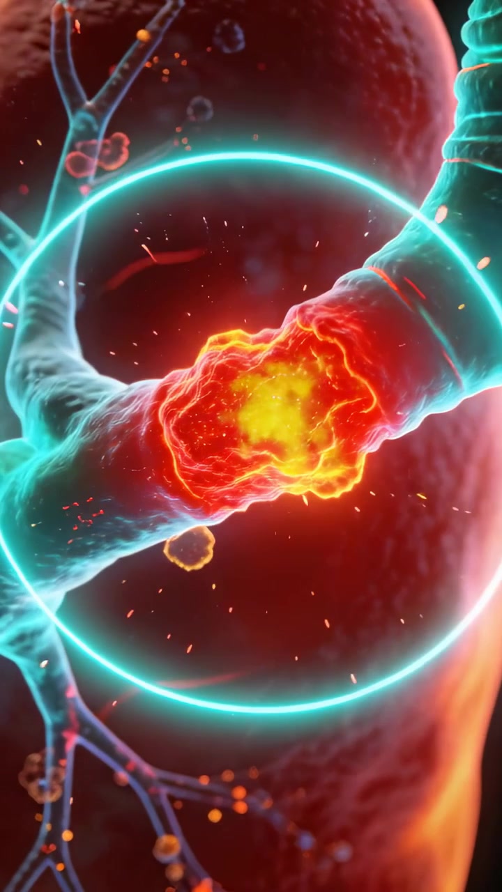 Video verticale: Zoom indietro che mostra due tubi ciano che si uniscono, un nucleo infuocato pulsante, un anello al neon in un polmone.