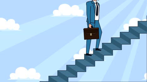 flat cartoon businessman character with case bag goes up the career ladder stairs animation