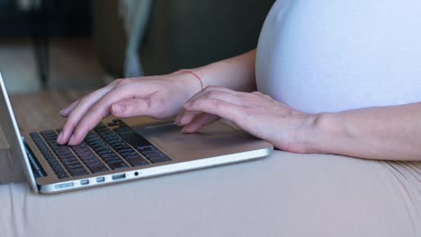 a pregnant woman with a belly presses buttons on her laptop.