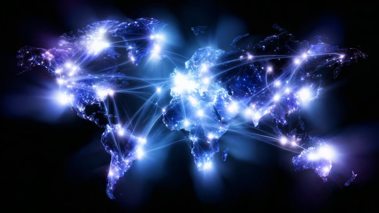 A Stunning Visualization of Global Connectivity Showcases the Flow of Information and Interaction Across Continents, Highlighting the Interconnected Nature of Modern Society Through Illuminated Networks on a World Map