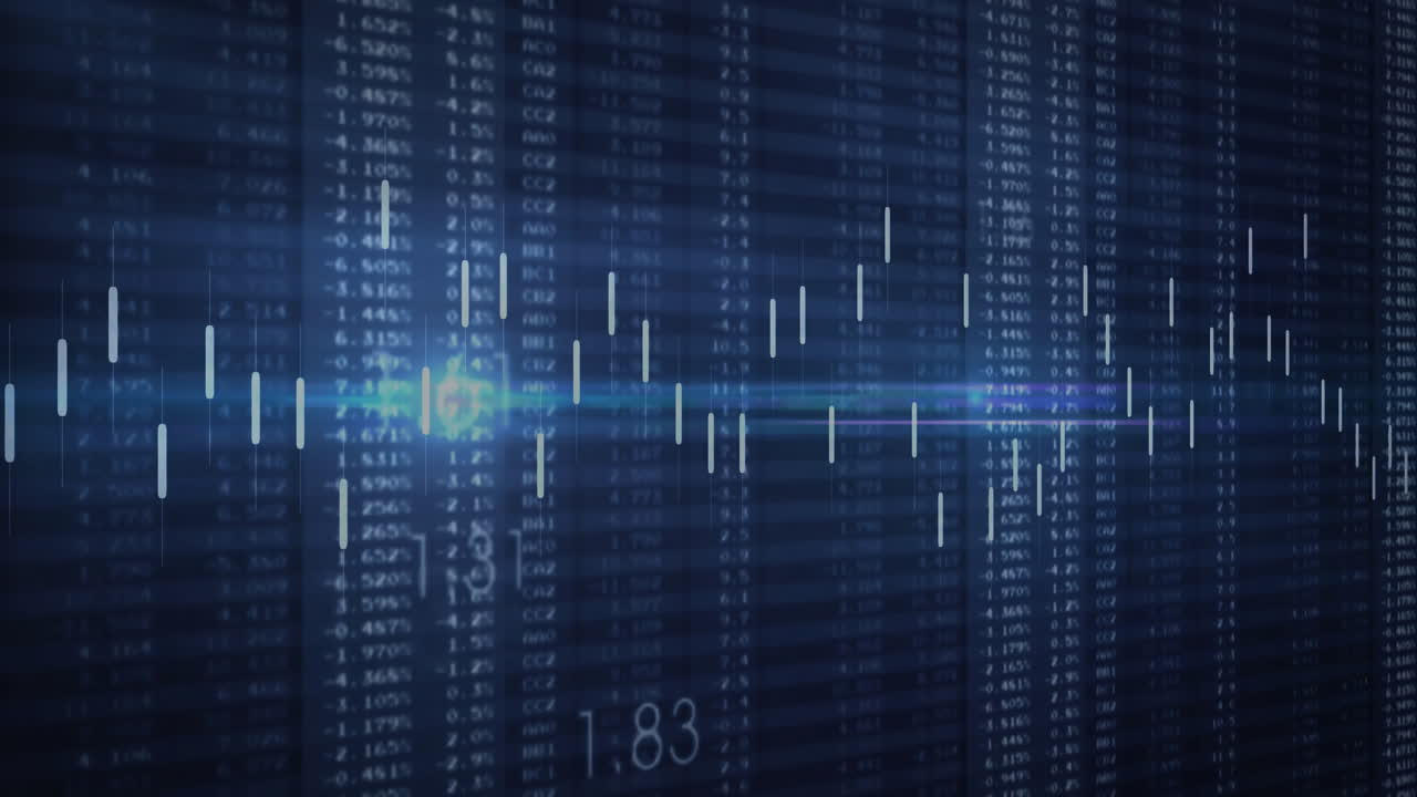 Floating candlestick bars drifting across navy screen showing blurred data columns and teal flare