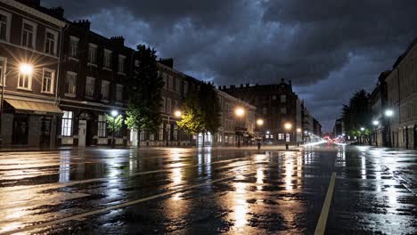 nighttime urban landscape revealing glistening wet asphalt street with luminous reflections