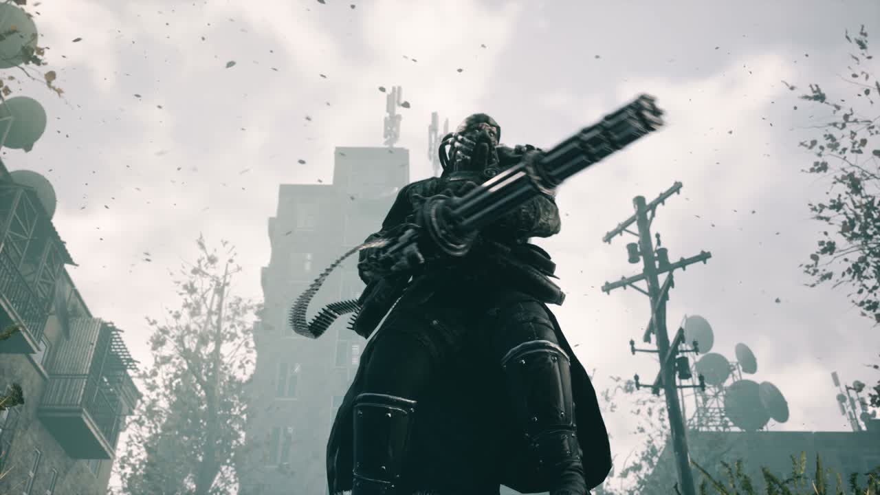 The last soldier of the Apocalypse fires a machine gun in a deserted apocalyptic city. The concept of a post-apocalyptic world after a nuclear war. Looping animation.