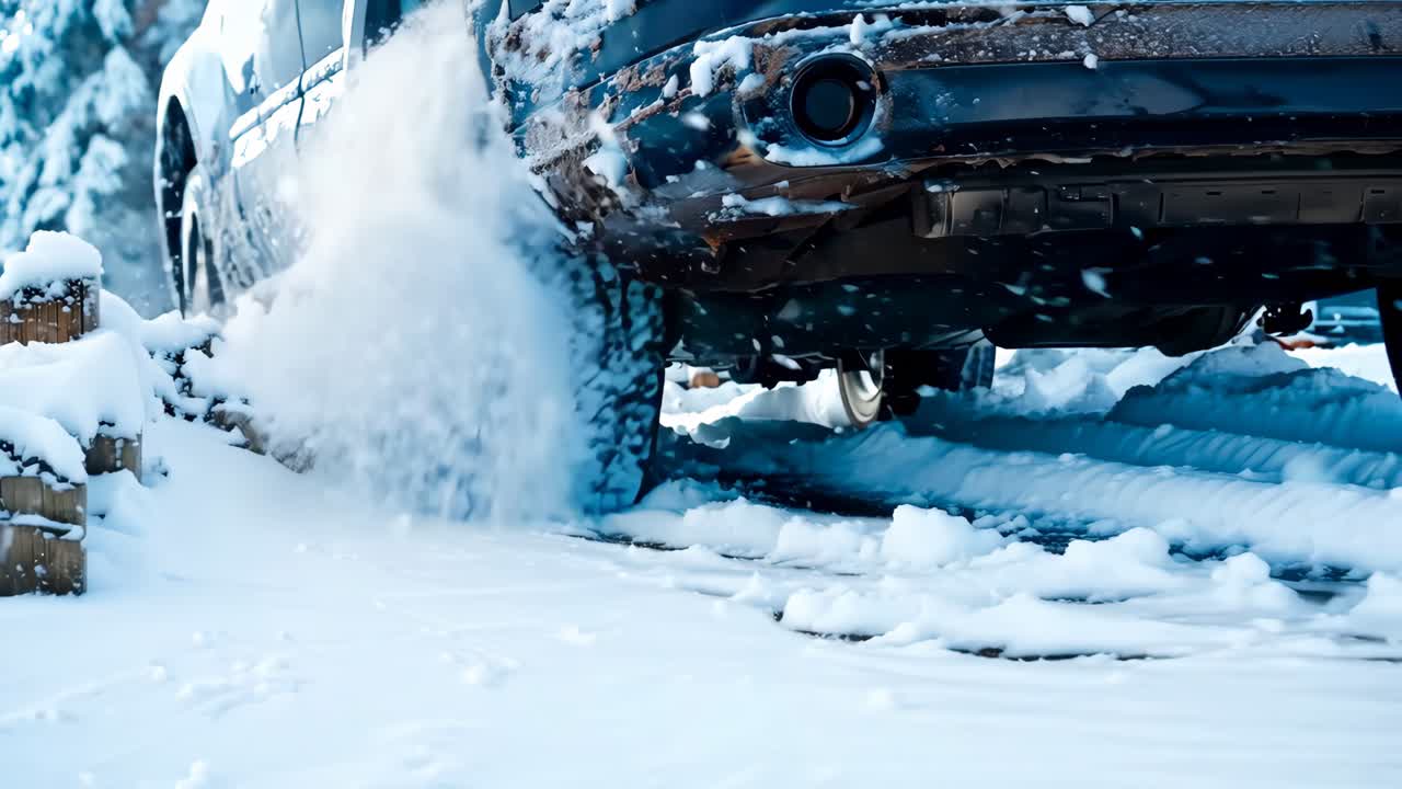 A car driving on a snowy road in the snow