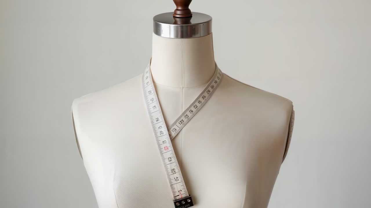 Câmera ascendente revelando o torso de um manequim para exibição em estúdio, com fita métrica e gola