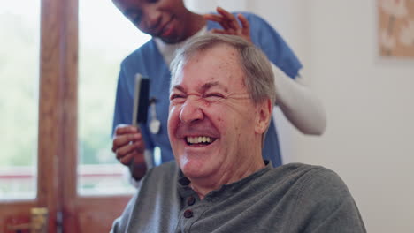 Brush,-hair-and-senior-man-with-nurse-helping