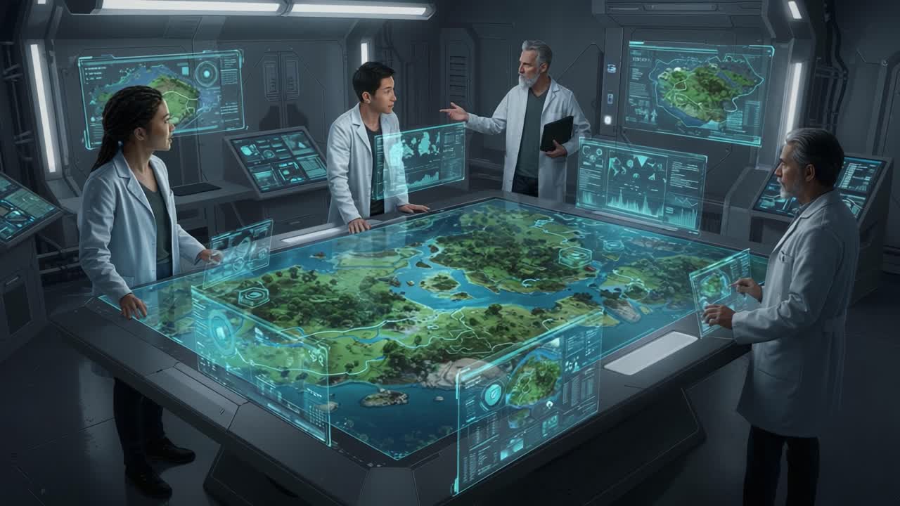 A Team of Researchers Analyzing an Advanced Digital Terrain Model in a Futuristic Laboratory Setting with Holographic Displays and Interactive Technology