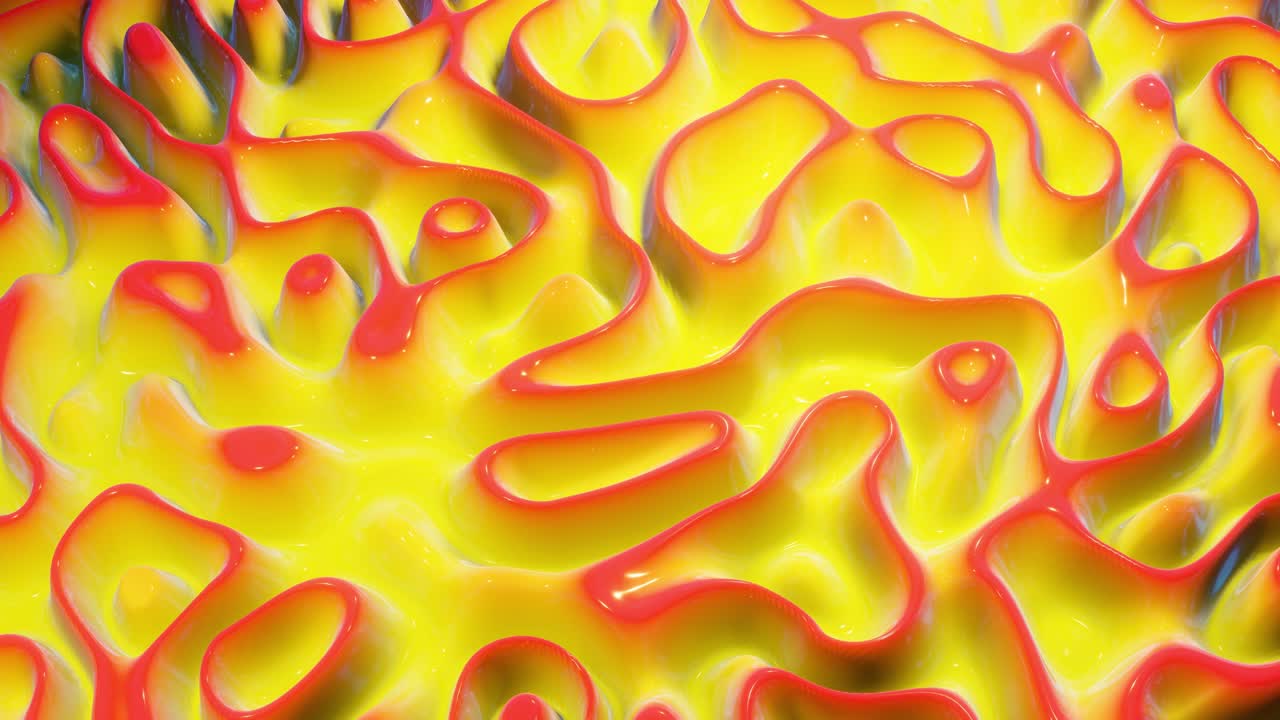 Sfondo liquido festivo in loop in 4K. Motivo astratto ondulato su superficie lucida e brillante, gradiente liquido rosso giallo, onde su fluido pittorico in animazione fluida. Scintillii su liquido 3D viscoso. Sfondo creativo