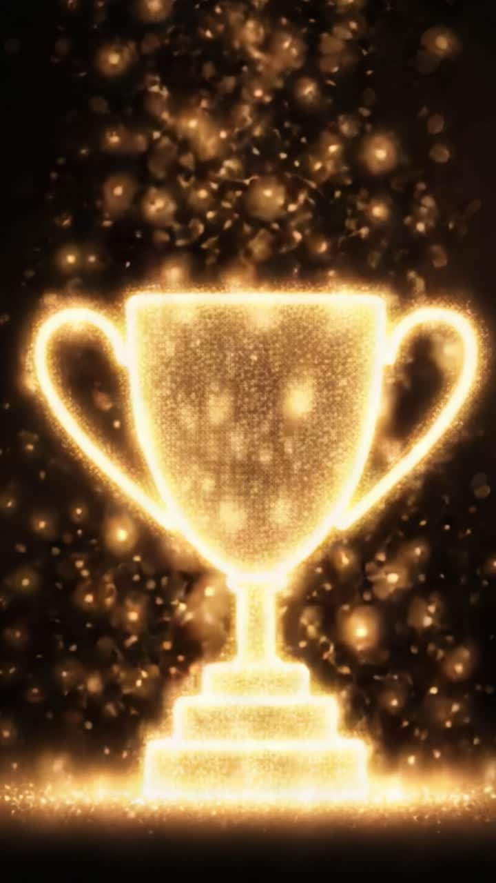 Un trofeo dorato scintillante emerge tra uno sfavillante display di particelle luccicanti, simboleggiando vittoria e celebrazione in una coinvolgente vetrina di successo