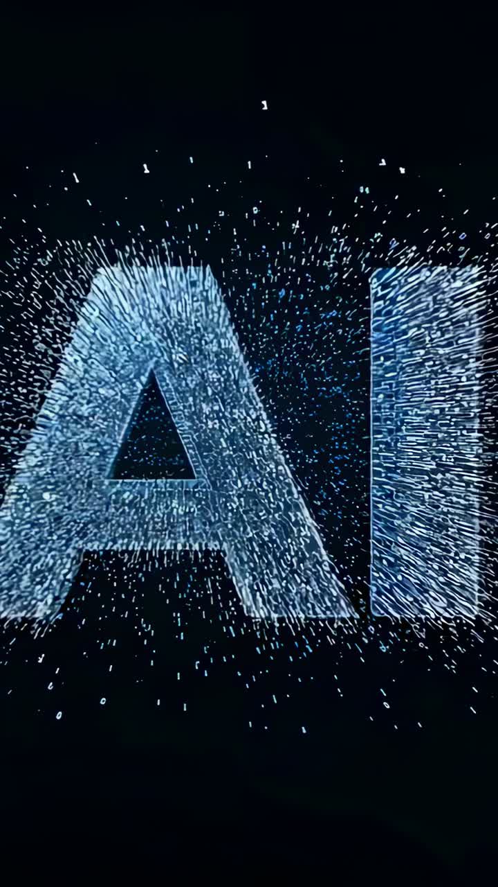 Vertical video: Bursting dots within bold AI text fanning streaks on dark screen leaving solid AI
