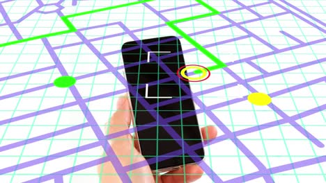 Navigation-map-line-scheme-against-close-up-of-a-person's-hand-using-a-smartphone