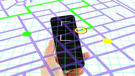 Navigation map line scheme against close up of a person&#039;s hand using a smartphone