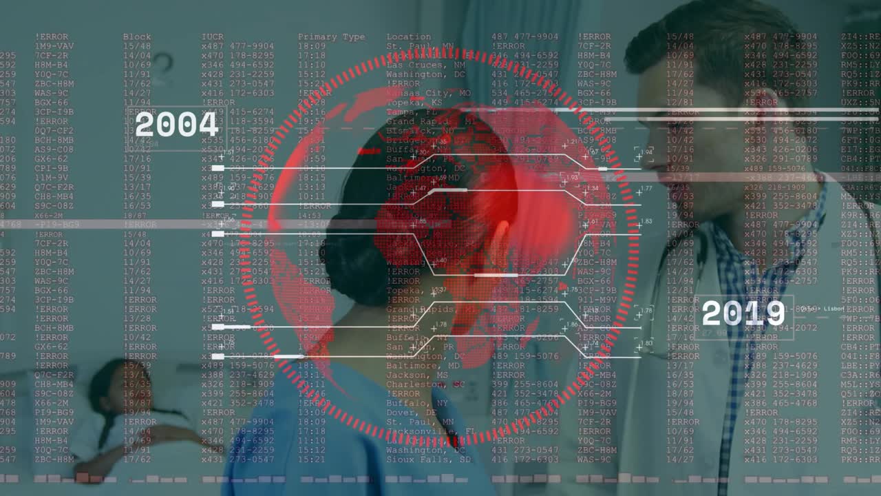 HUD alternando anos, fazendo com que enfermeira e médico consultem uma prancheta na enfermaria, monitorando o atendimento ao paciente.