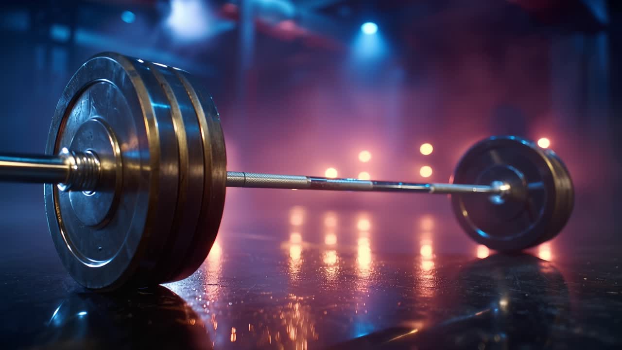 Un primo piano sorprendente di un bilanciere in illuminazione dinamica, che mostra un mix di texture metallica e atmosfera vibrante, perfetto per appassionati di fitness e atleti.