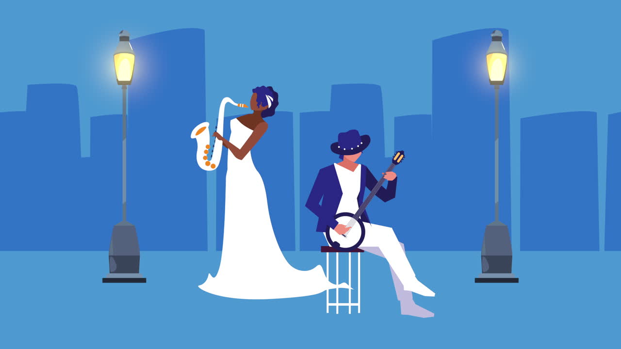 도시 거리에서 재즈 뮤지션 들