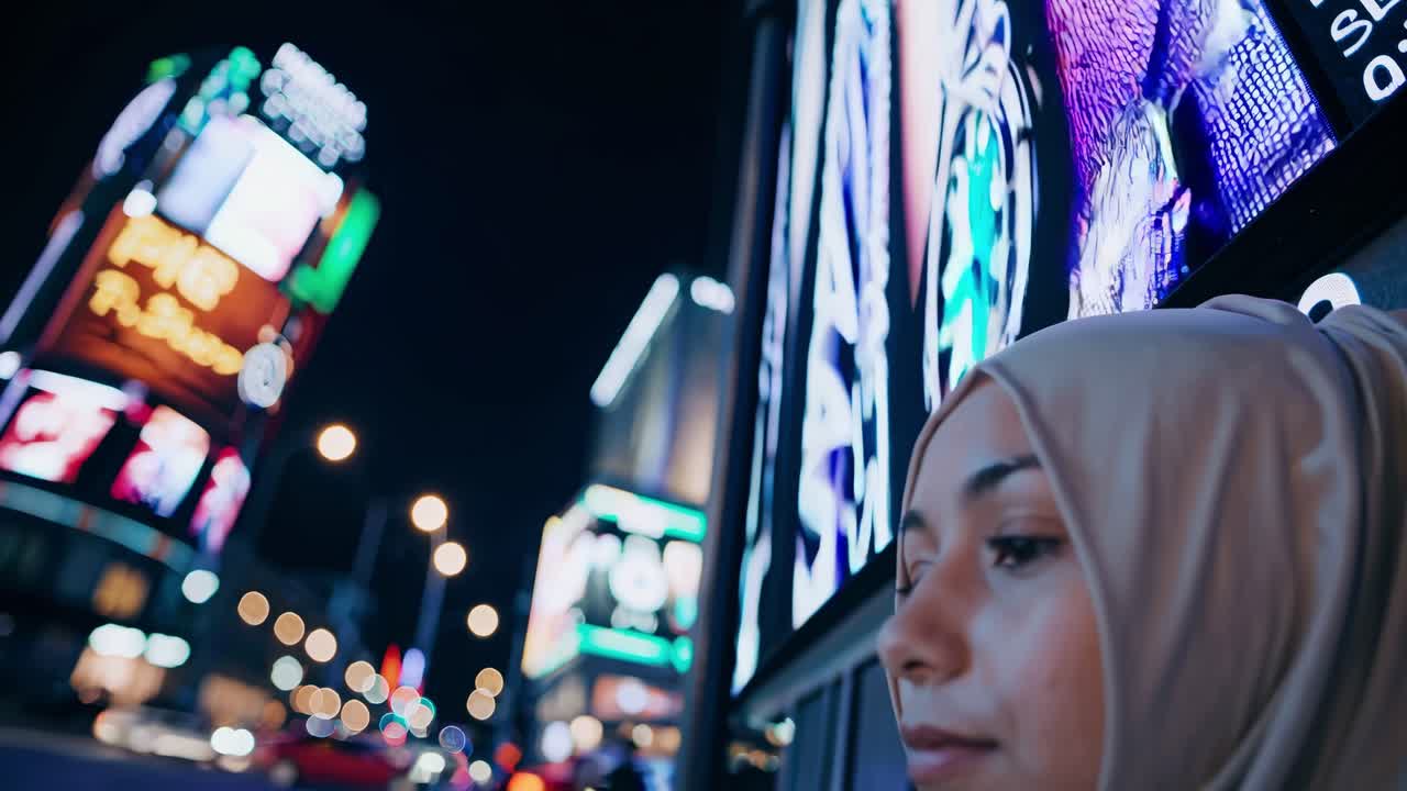 Young Muslim woman wearing a hijab, standing in an urban street at night, gazing at vibrant illuminated advertisements while enjoying the lively atmosphere of the city lights
