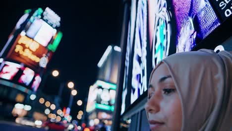 young muslim woman wearing a hijab, standing in an urban street at night, gazing at vibrant illuminated advertisements while enjoying the lively atmosphere of the city lights
