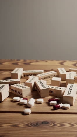 wooden blocks with eating disorder terms and pills