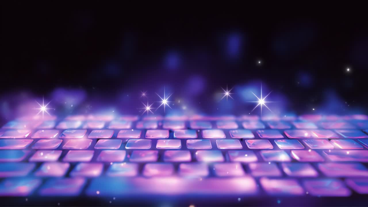 A Vibrant Close-Up of a Glowing Keyboard Surrounded by a Magical Aura of Stars and Sparkles, Capturing the Essence of Modern Technology and Digital Creativity