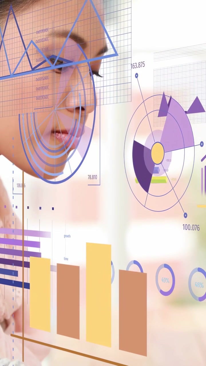 Vertical video: Woman analyzing data, typing keyboard and initiating charts, camera rising smiling