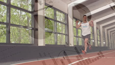 animation of statistical data processing against caucasian fit man running at the gym