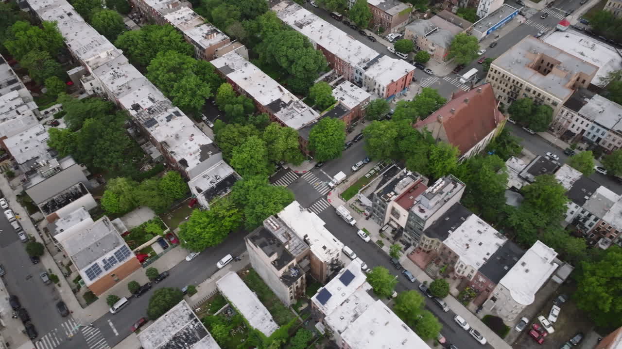 Aerial view of Brownstones in Bedford-Stuyvesant, Brooklyn. Shot on an overcast morning