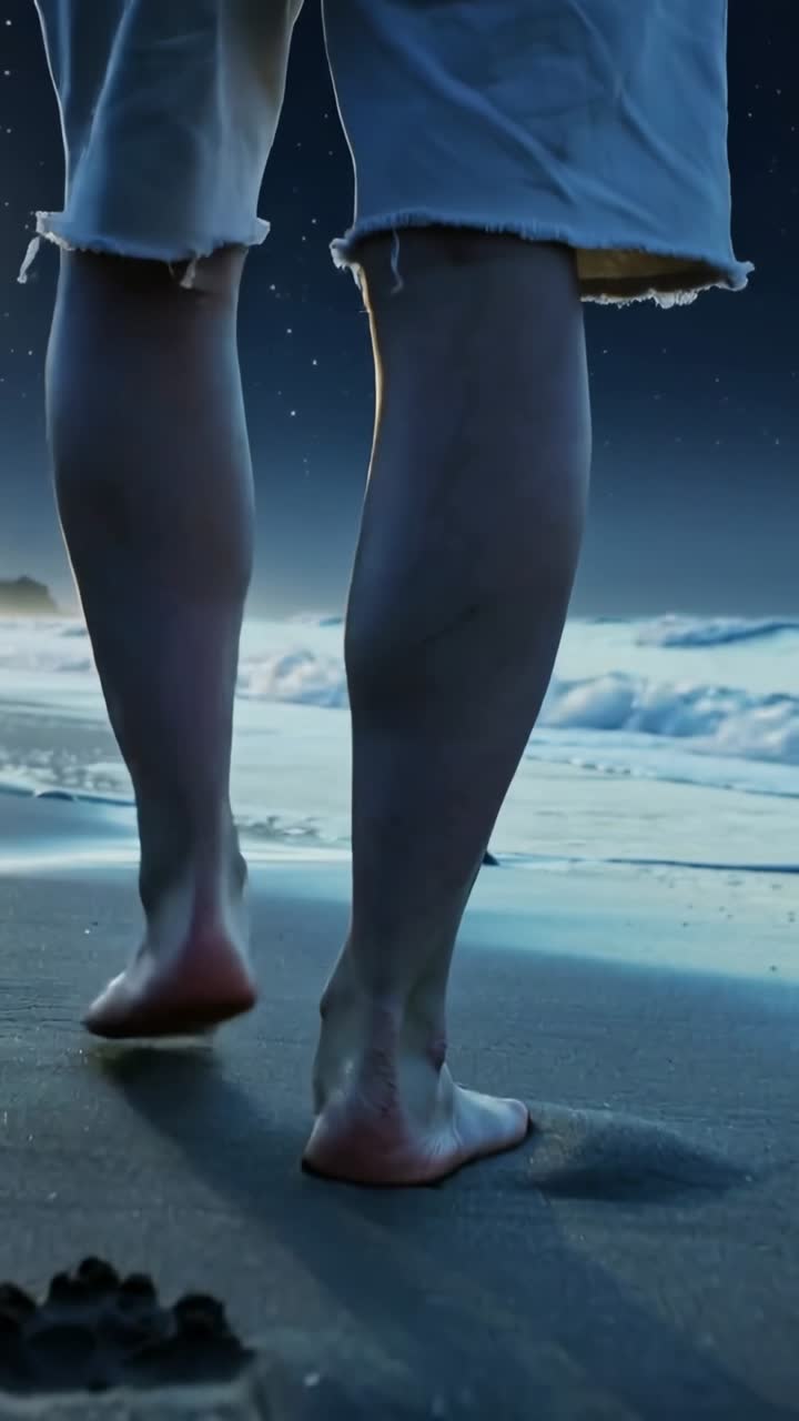 Vídeo vertical: Homem de shorts desfiados caminhando em direção ao surf na areia molhada à noite, deixando pegadas