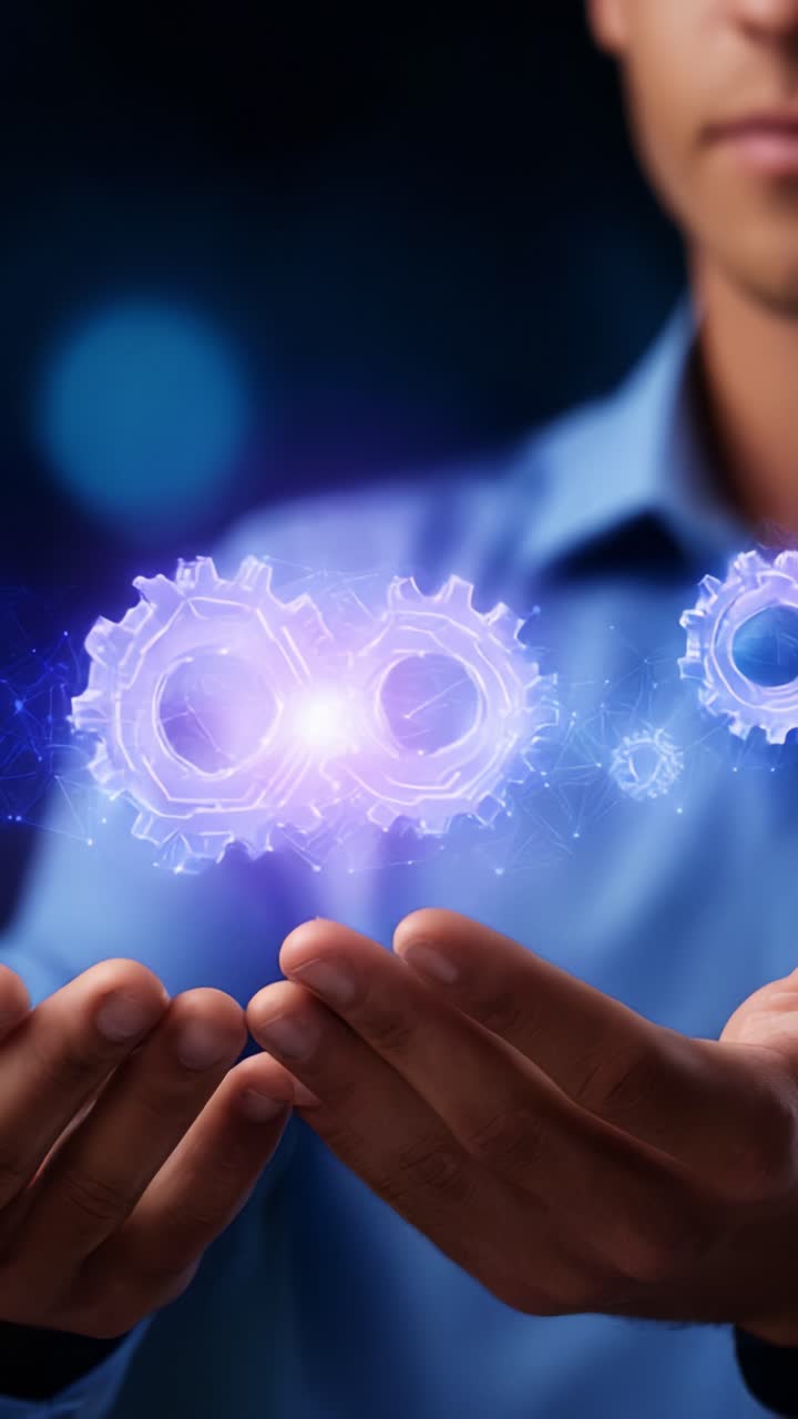 A person presenting glowing gears in their hands, symbolizing innovation, technology, and automation in a futuristic digital environment