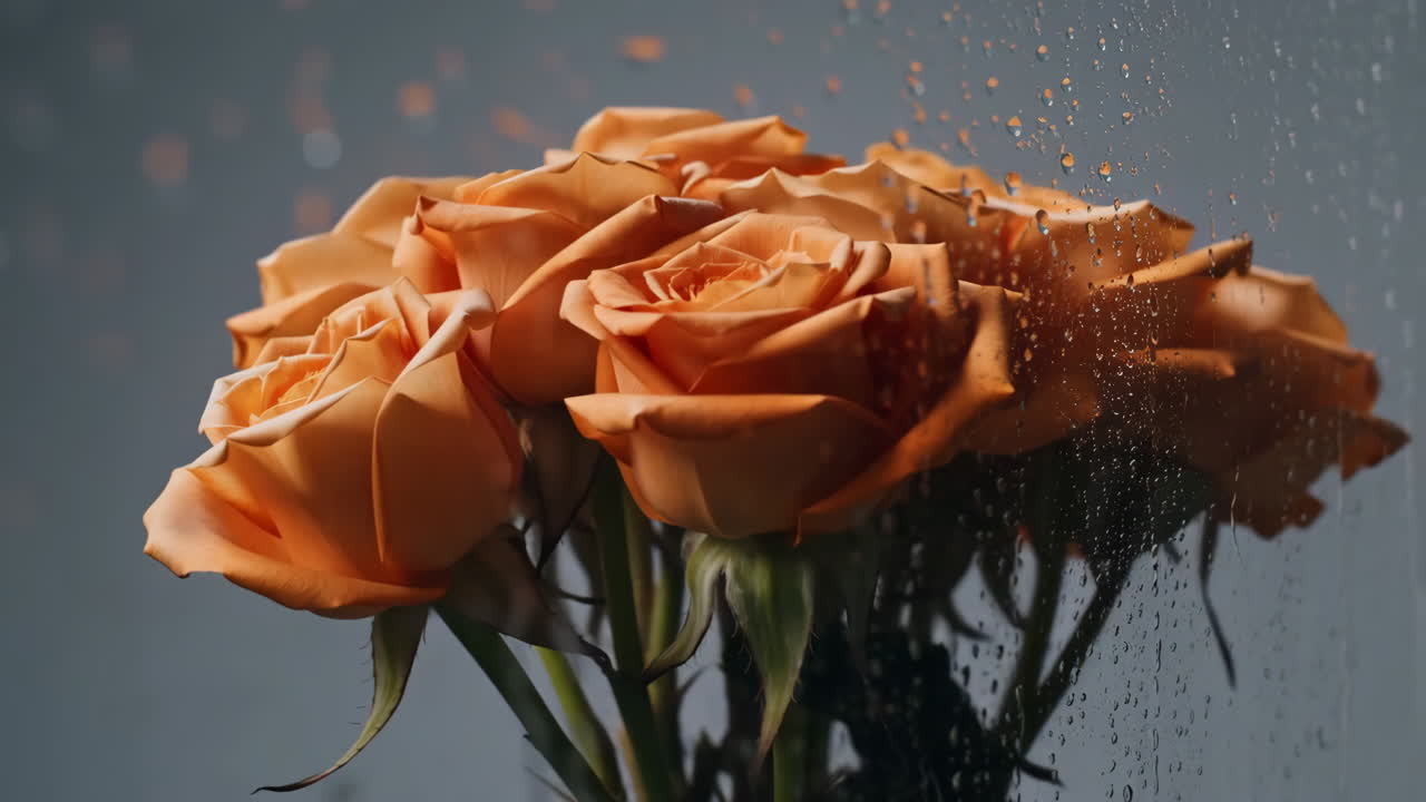 Close-up of Peach Roses Behind Wet Glass with Water Droplets