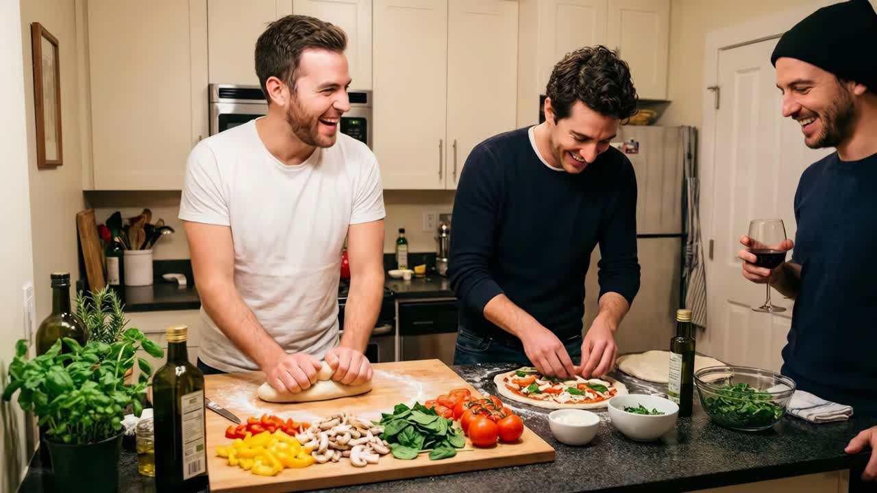 Freunde machen Pizza in der Küche