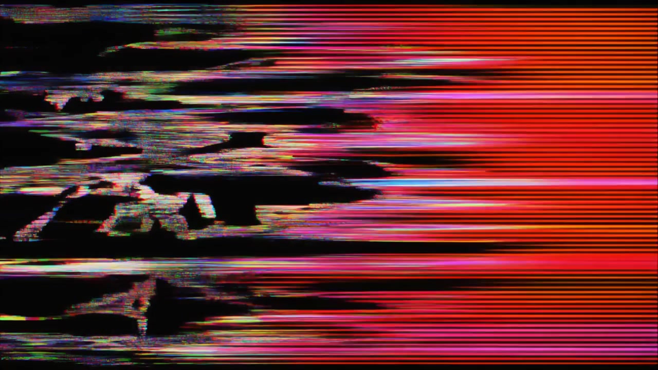Digital Glitch Effect with Colorful Horizontal Lines on Black Background