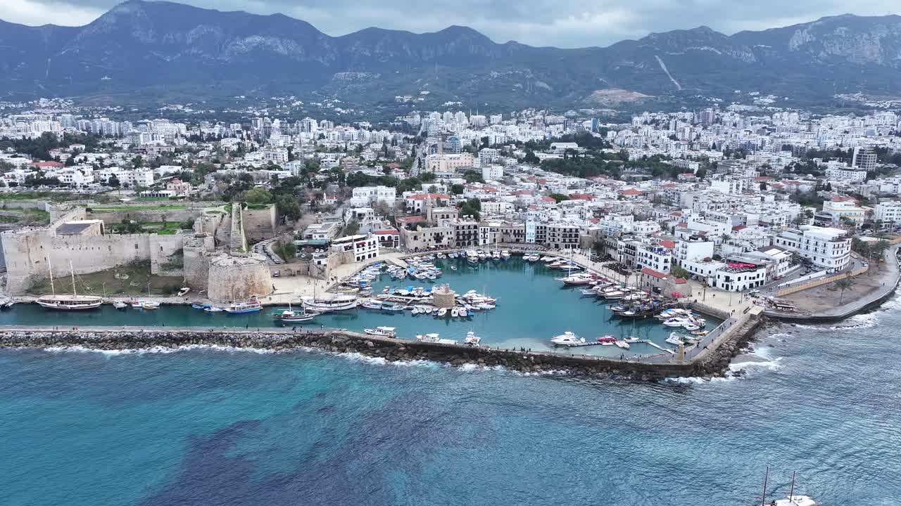 Aerial View of the Ancient Port and Kyrenia Castle in Kyrenia, the Pearl of Northern Cyprus