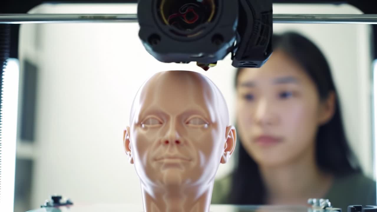 A Close-Up View of a 3D Printer Fabricating a Realistic Synthetic Head with a Focused Operator in the Background Observing the Process